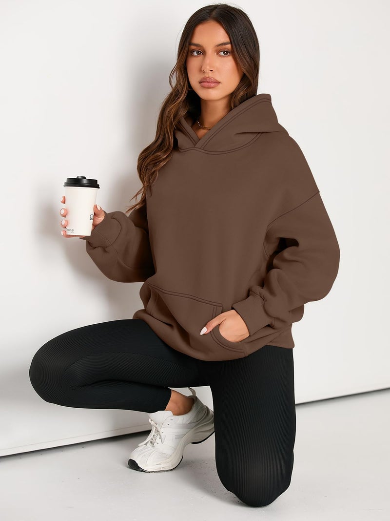 EFAN Women's Oversized Fleece Hoodie, Cozy Plush Pullover Sweatshirt with Pocket Brown M - Image 5