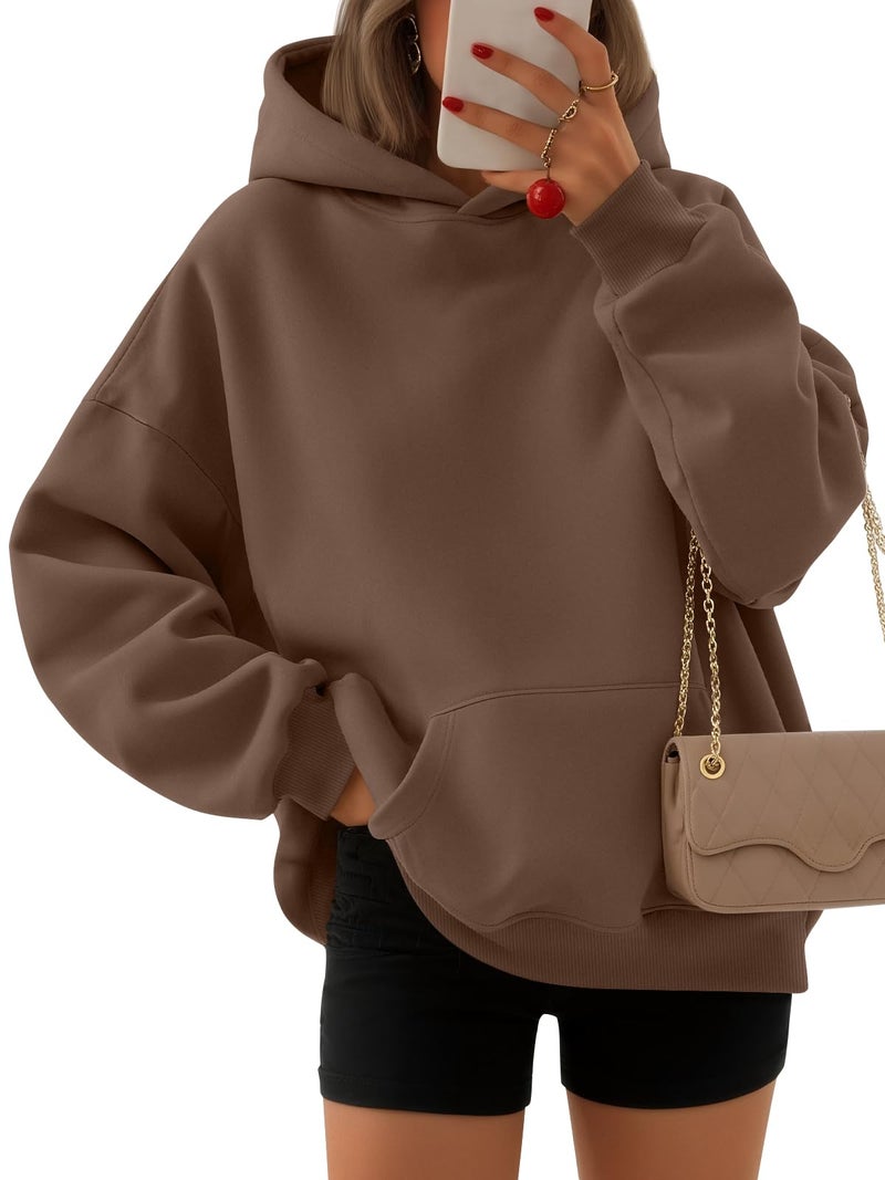EFAN Women's Oversized Fleece Hoodie, Cozy Plush Pullover Sweatshirt with Pocket Brown M - Image 1