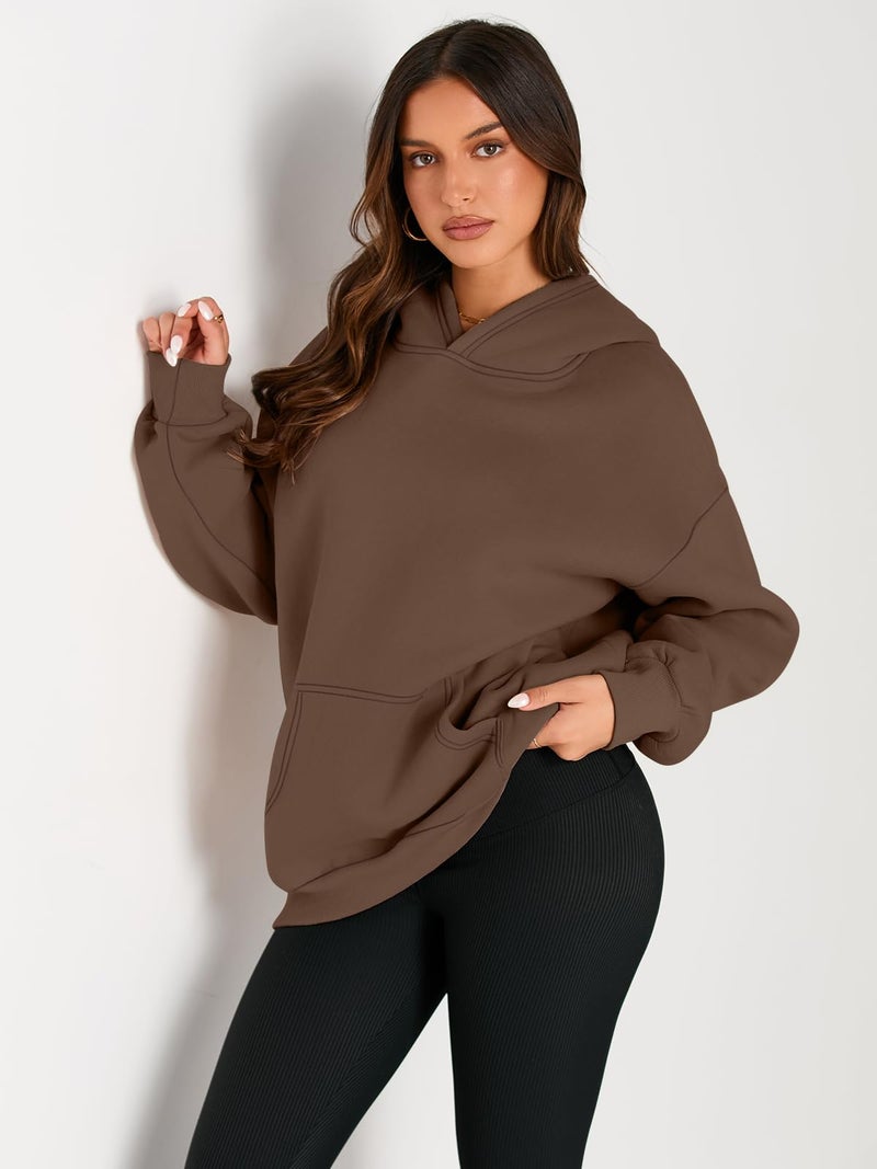 EFAN Women's Oversized Fleece Hoodie, Cozy Plush Pullover Sweatshirt with Pocket Brown M - Image 2