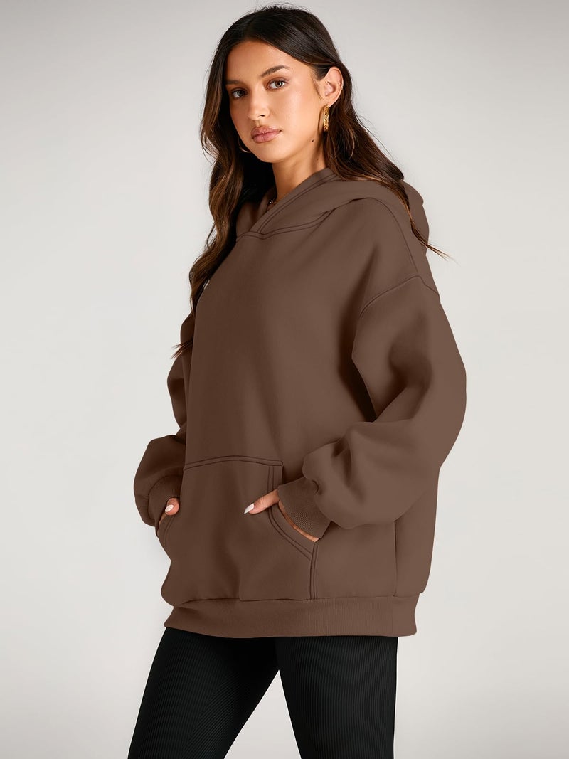 EFAN Women's Oversized Fleece Hoodie, Cozy Plush Pullover Sweatshirt with Pocket Brown M - Image 3