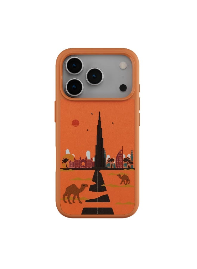 LEVELO Vallo PU leather Case iPhone 17 Pro With Dubai Embroidery Design / Scratch & Wear Resistant / Raised Bezels for Camera & Screen / Shock-Resistant Bumper - Sunrise Orange - Image 1