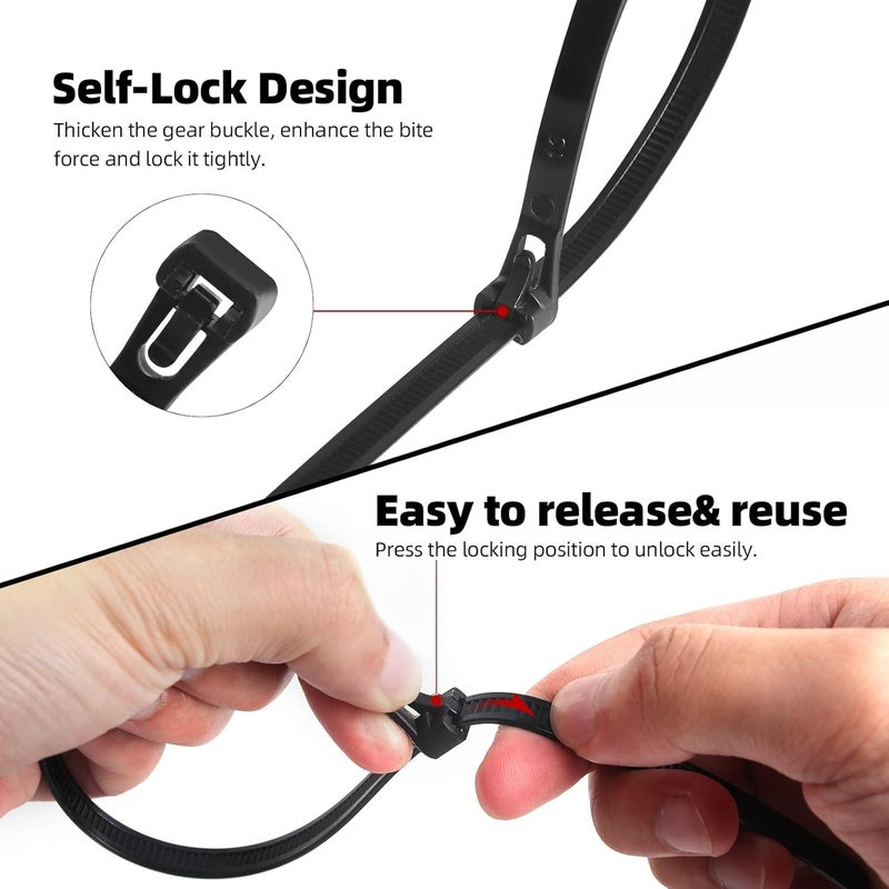 VTECHOLOGY 100Pcs Heavy Duty Industrial 14Inch Zip Toes Releasable Black Cable Ties Nylon Adjustable Tie wrap Reusable Zip Toes Tie Straps For Garden Plant Secure Vine Home Office Use - Image 3
