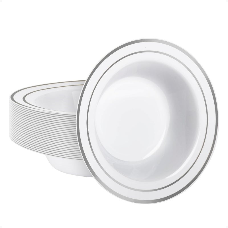 Goodluck 25 Pack Plastic Bowls with Silver Rim 12oz Disposable Soup Bowls for Weddings Parties Dinners Catering and Everyday Use - Image 2