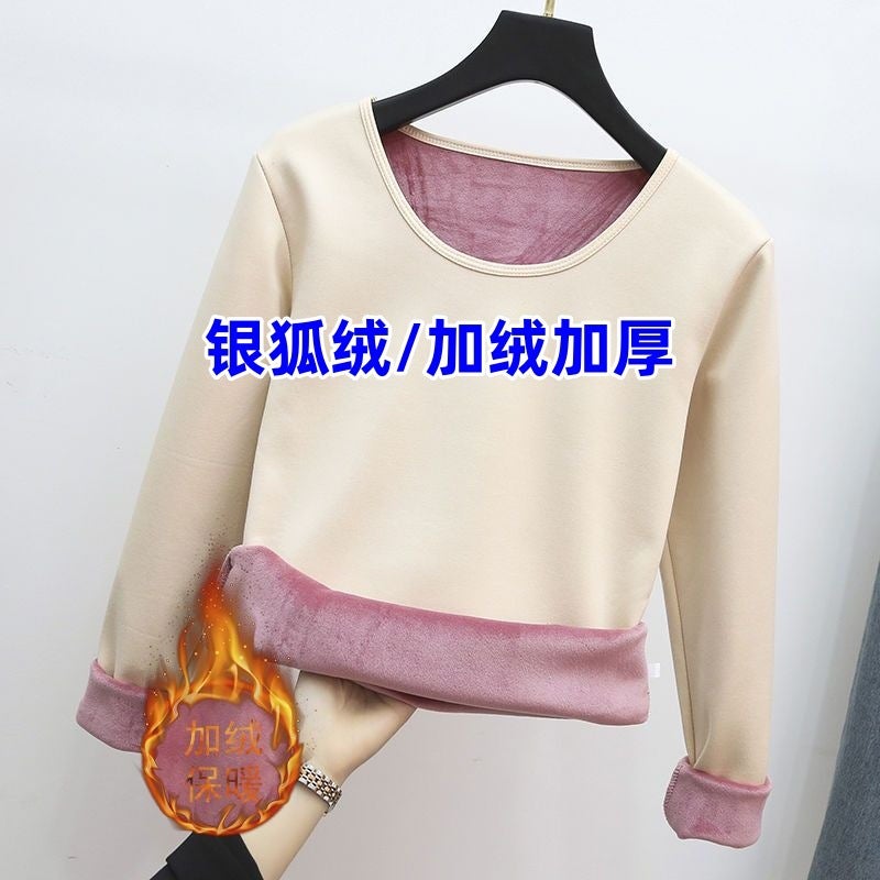Silver Fox velvet fleece-lined thickened round neck T-shirt womens winter thermal top underwear body-shaping 37 degrees constant temperature bottoming shirt Skin color [fleece-lined thickening]]