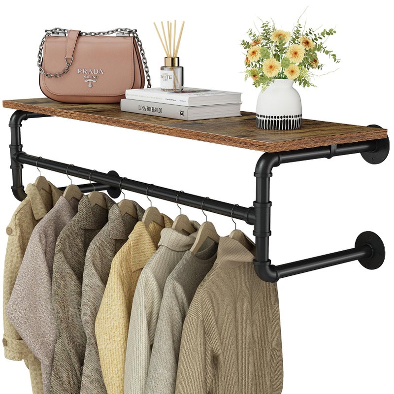 UlSpeed Clothes Rack with Top Shelf, 43.3in Industrial Pipe Wall Mounted Garment Rack, Space-Saving Display Hanging Clothes Rack, Heavy Duty Detachable Multi-Purpose Hanging Rod for Closet Storage - Image 1