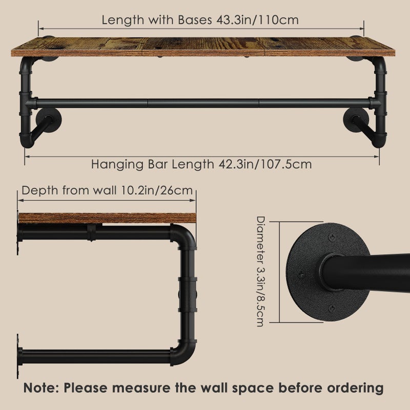 UlSpeed Clothes Rack with Top Shelf, 43.3in Industrial Pipe Wall Mounted Garment Rack, Space-Saving Display Hanging Clothes Rack, Heavy Duty Detachable Multi-Purpose Hanging Rod for Closet Storage - Image 2