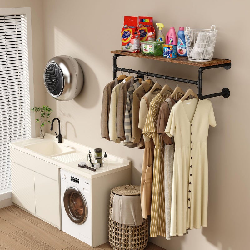 UlSpeed Clothes Rack with Top Shelf, 43.3in Industrial Pipe Wall Mounted Garment Rack, Space-Saving Display Hanging Clothes Rack, Heavy Duty Detachable Multi-Purpose Hanging Rod for Closet Storage - Image 3