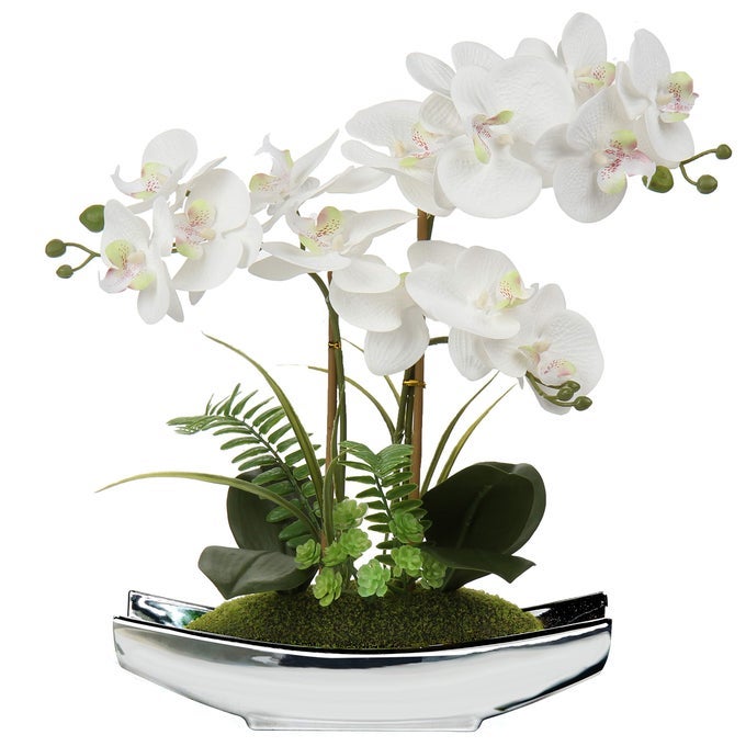 ORCHIDS ARTIFICIAL FLOWERS 15 WHITE PHALAENOPSIS ORCHID WITH SILVER POTS REAL TOUCH FAUX ORCHID PLANT FOR HOME OFFICE LIVING ROOM TABLE DECORATION