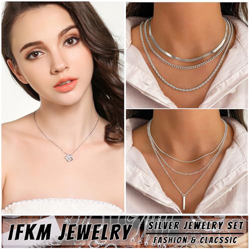 IFKM Silver Jewelry Set For Women, 14k Gold Plated Multi Layer Necklaces Bracelets Stackable Knuckle Rings Hoop Earrings set, Trendy Elegance Charms Non Tarnish Minimalist Textured Boho Jewelry Gift - Image 2