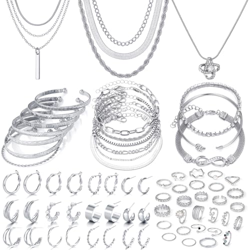 IFKM Silver Jewelry Set For Women, 14k Gold Plated Multi Layer Necklaces Bracelets Stackable Knuckle Rings Hoop Earrings set, Trendy Elegance Charms Non Tarnish Minimalist Textured Boho Jewelry Gift - Image 1