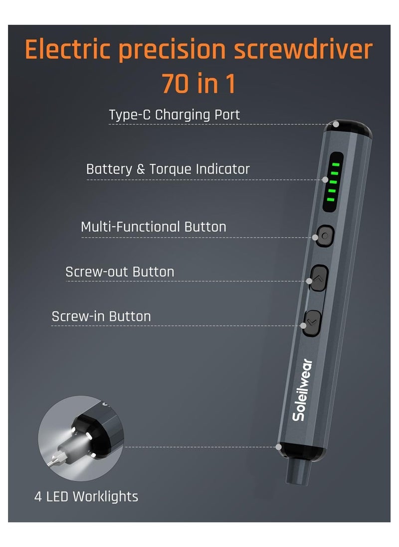 Soleil - Soleilwear Electric Screwdriver Set 70-in-1 | Precision Cordless Screwdriver with 64 S2-Steel Bits | 5 Torque Settings | 4 LED Lights | Rechargeable Repair Tool Kit for Phone, Camera, Laptop - Image 1