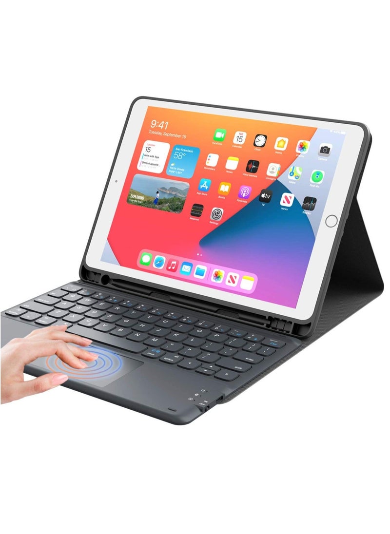 ELTRAZONE لوحة مفاتيح iPad الجيل التاسع، لوحة مفاتيح لجهاز iPad الجيل الثامن/السابع 10.2 بوصة، لوحة تتبع ذكية، لاسلكية قابلة للفصل مع حامل أقلام، حافظة لوحة مفاتيح قابلة للطي لجهاز iPad 9/8/7 الجيل 10.2 بوصة، أسود  - Image 1