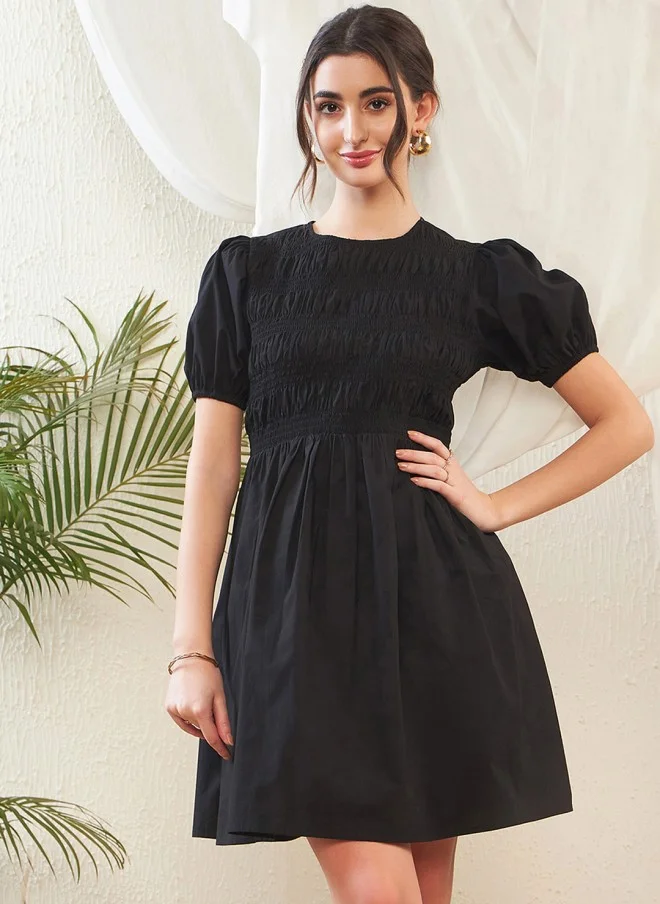 ساسافراس Black Puff Sleeve Smocked Cotton Fit & Flare Dress for Women