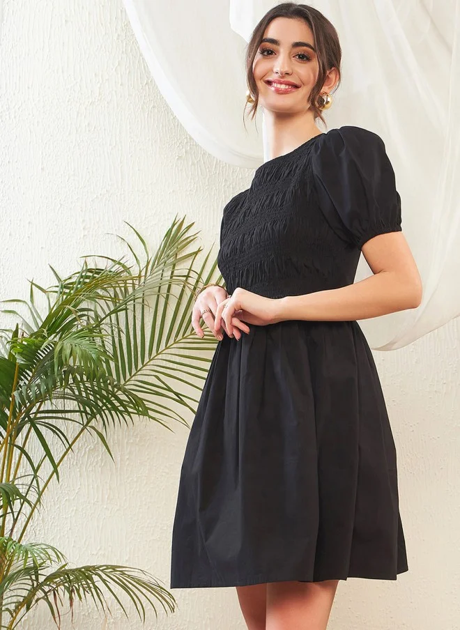 ساسافراس Black Puff Sleeve Smocked Cotton Fit & Flare Dress for Women