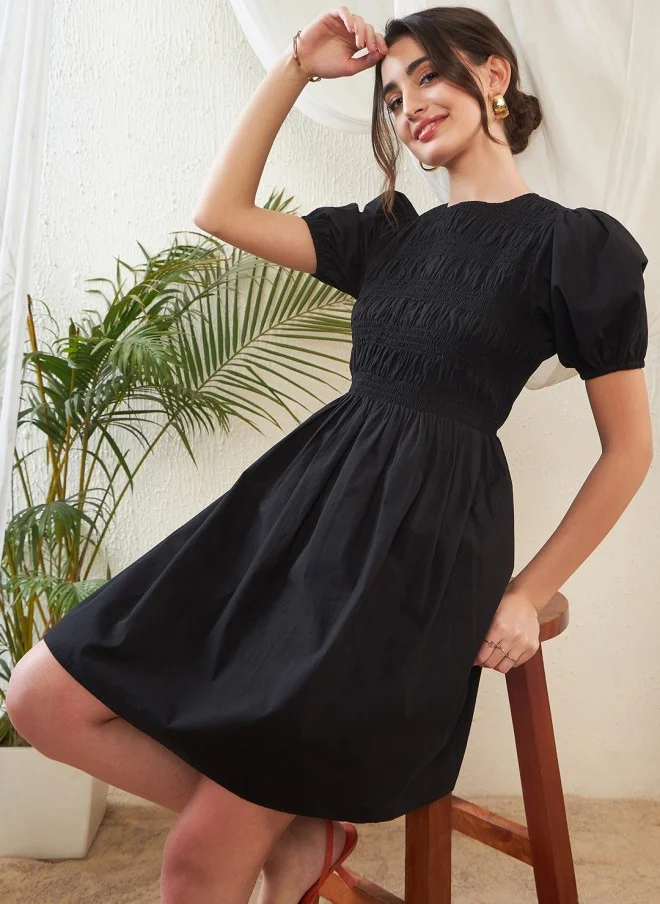 ساسافراس Black Puff Sleeve Smocked Cotton Fit & Flare Dress for Women