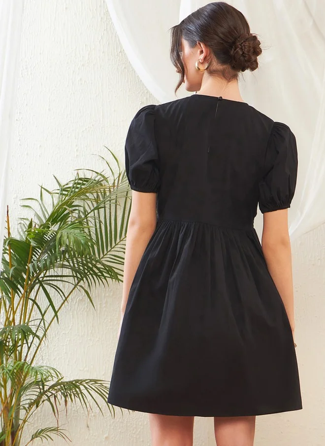 ساسافراس Black Puff Sleeve Smocked Cotton Fit & Flare Dress for Women