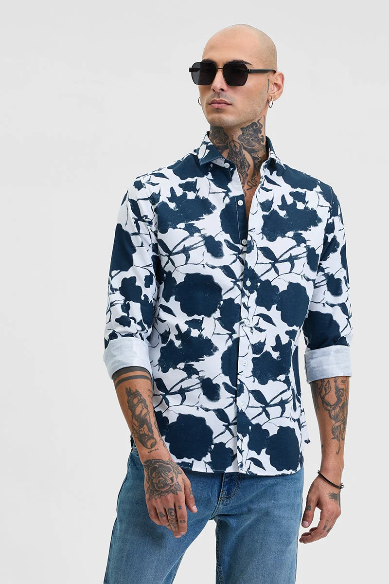 سنيتش Navy Abstract Long Sleeve Slim Fit Casual Shirt