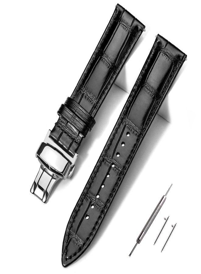 EACHE 20mm Leather Watch Bands for Men Women,Quick Release Black Alligator Grain Pattern Leather Watch Straps with Silver Butterfly Deployment Clasp - Image 1