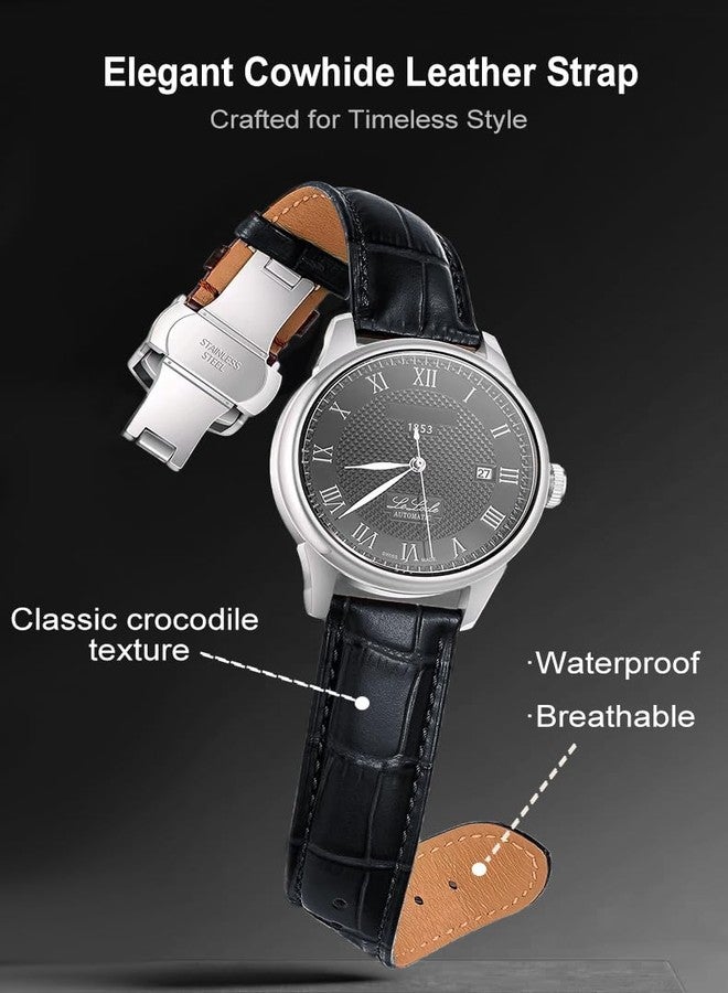 EACHE 20mm Leather Watch Bands for Men Women,Quick Release Black Alligator Grain Pattern Leather Watch Straps with Silver Butterfly Deployment Clasp - Image 5
