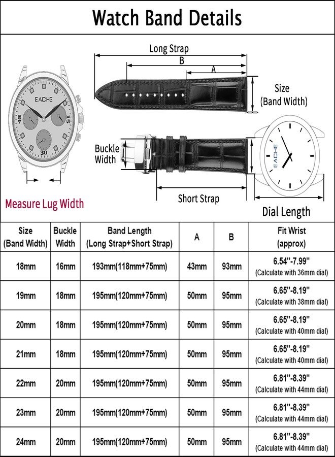 EACHE 20mm Leather Watch Bands for Men Women,Quick Release Black Alligator Grain Pattern Leather Watch Straps with Silver Butterfly Deployment Clasp - Image 3