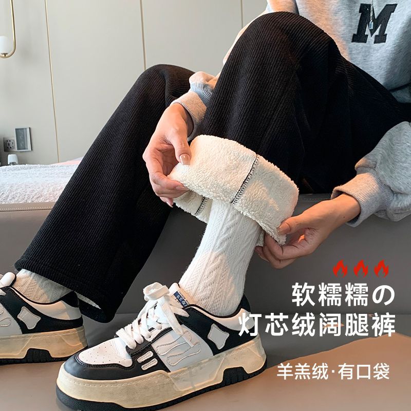 Lamb Fleece Wide Leg Pants Corduroy High Waist Dosing Loose Casual Fleece-Lined Thickened Straight Leg Pants For Children - Image 4