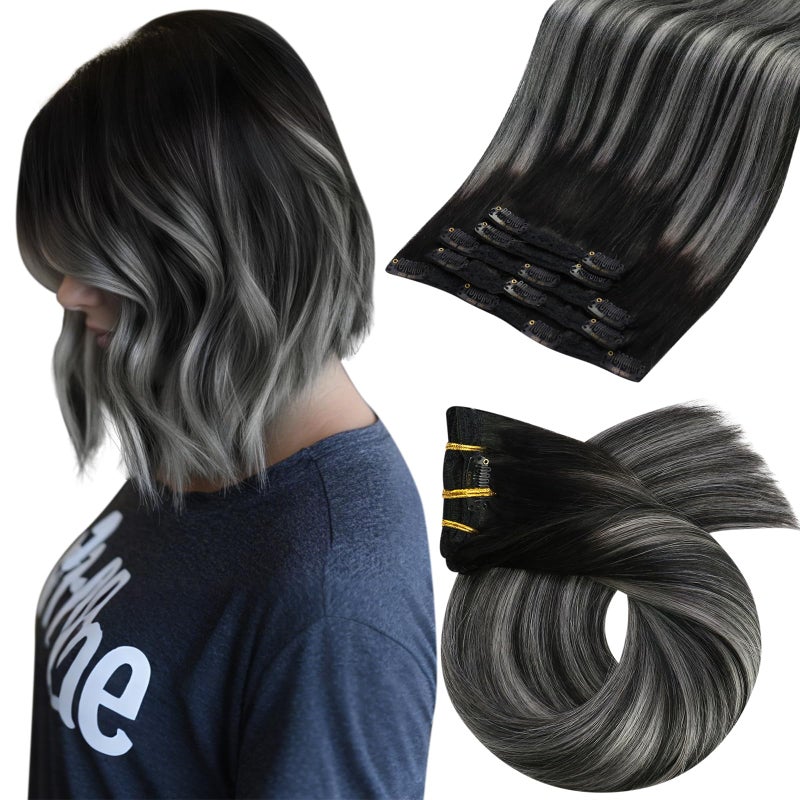 Moresoo Clip in Hair Extensions Balayage Human Hair Clip in Extensions Black Mixed with Silver Grey Straight Hair Extensions for Women 5Pieces 80G 14inch