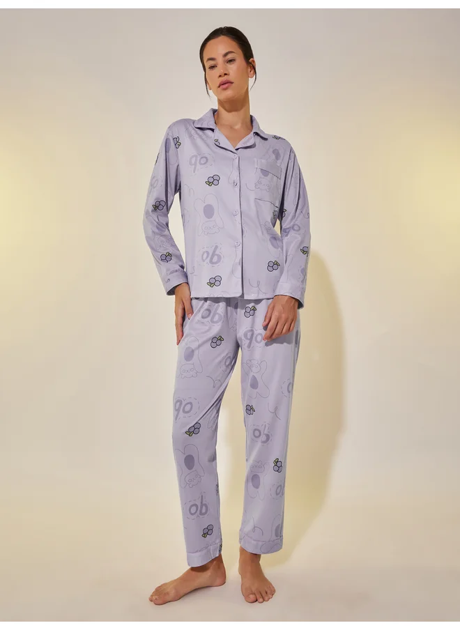 تايك تو Take Two Fruit Printed Long Sleeve Shirt and Pyjama Set