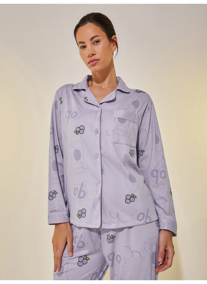 تايك تو Take Two Fruit Printed Long Sleeve Shirt and Pyjama Set