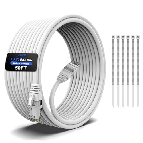 ecjtu 50FT Cat6 Ethernet Cable, Cat 6 Patch Cable, Cat6 Internet Cable, UTP Network Cable, Indoor and Outdoor, PoE, 24AWG CCA, Compatible for PC, Laptop, Router, Switch, Server, with 25 Cable Ties - White - Image 1