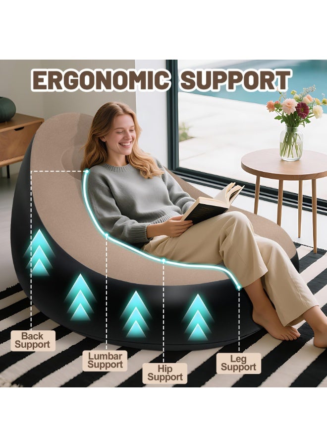 Flushrenic Adult inflatable chair, portable inflatable chair with footstool, plush surface inflatable sofa, waterproof inflatable chair, comfortable camping inflatable sofa (coffee-colored, without pump) - Image 3