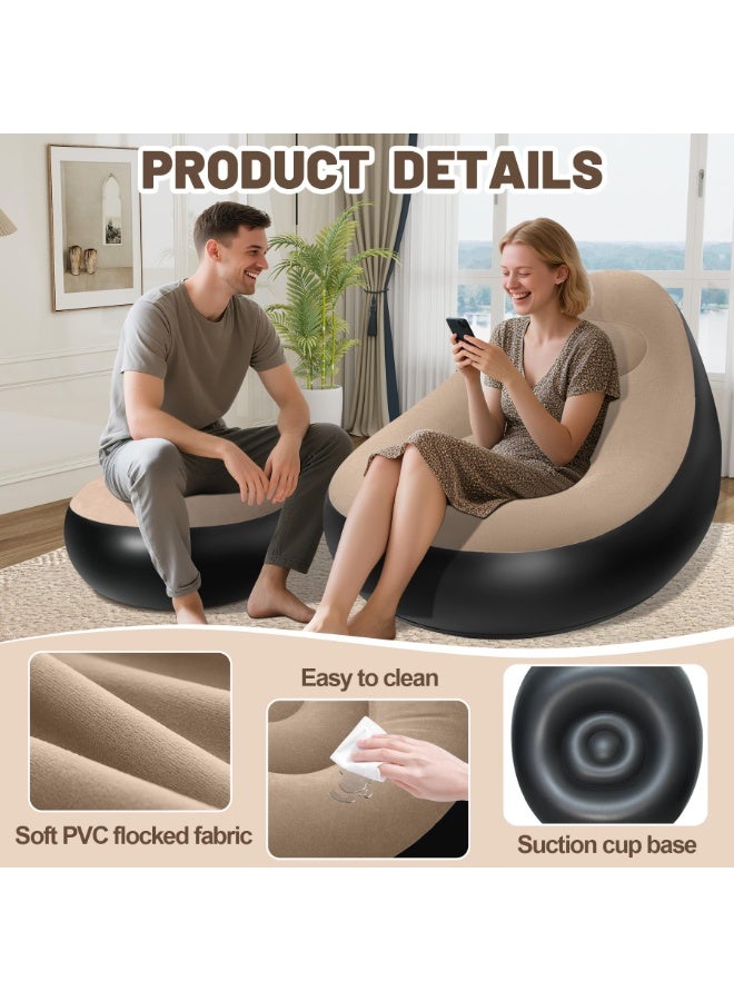 Flushrenic Adult inflatable chair, portable inflatable chair with footstool, plush surface inflatable sofa, waterproof inflatable chair, comfortable camping inflatable sofa (coffee-colored, without pump) - Image 4