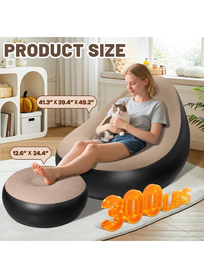 Flushrenic Adult inflatable chair, portable inflatable chair with footstool, plush surface inflatable sofa, waterproof inflatable chair, comfortable camping inflatable sofa (coffee-colored, without pump) - Image 5