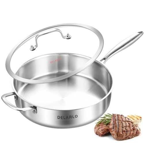 DELARLO TriPly Stainless Steel Saute Pan With Lid 55QT123Inch Deep Frying panInduction Large SkilletJumbo CookerEfficent Fast Even Heating Cooking Pan Dishwasher and Oven Safe