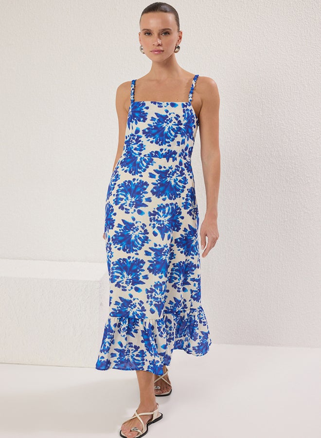 trendyol Blue Floral Linen Look Maxi Strap Detail Woven Dress - Image 2