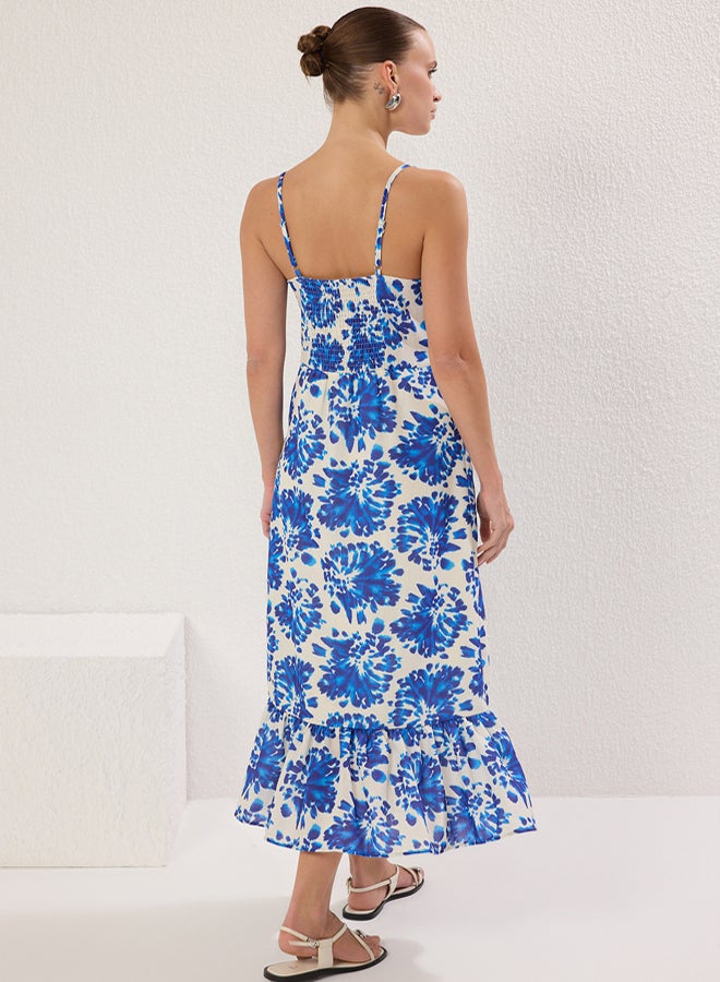 trendyol Blue Floral Linen Look Maxi Strap Detail Woven Dress - Image 4