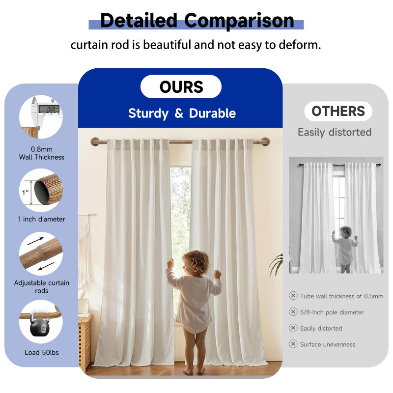 UNCONSIL Wood Curtain Rods for Windows: 1 Inch Diameter Heavy Duty Adjustable Curtain Rod 48" to 84", Wood Grain Pattern Blackout Wrap Around Window Rod for Indoor and Outdoor,All Metal - Image 4