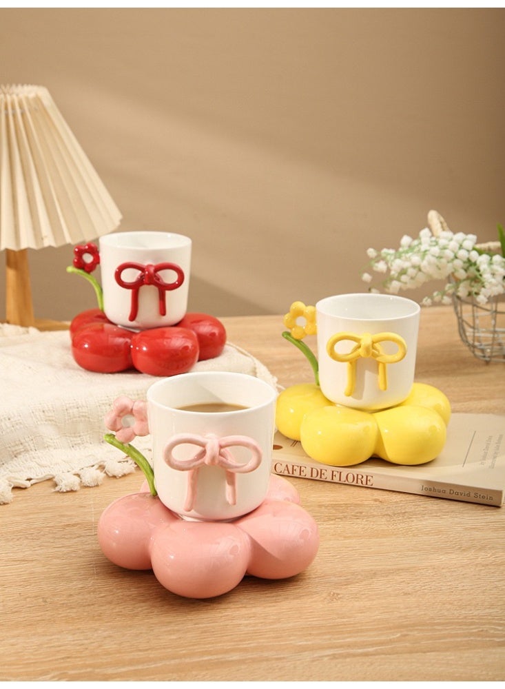 Chubby Ceramic Cup & Saucer - Cute Bow Mug for Coffee, Milk, or Gift - Image 1