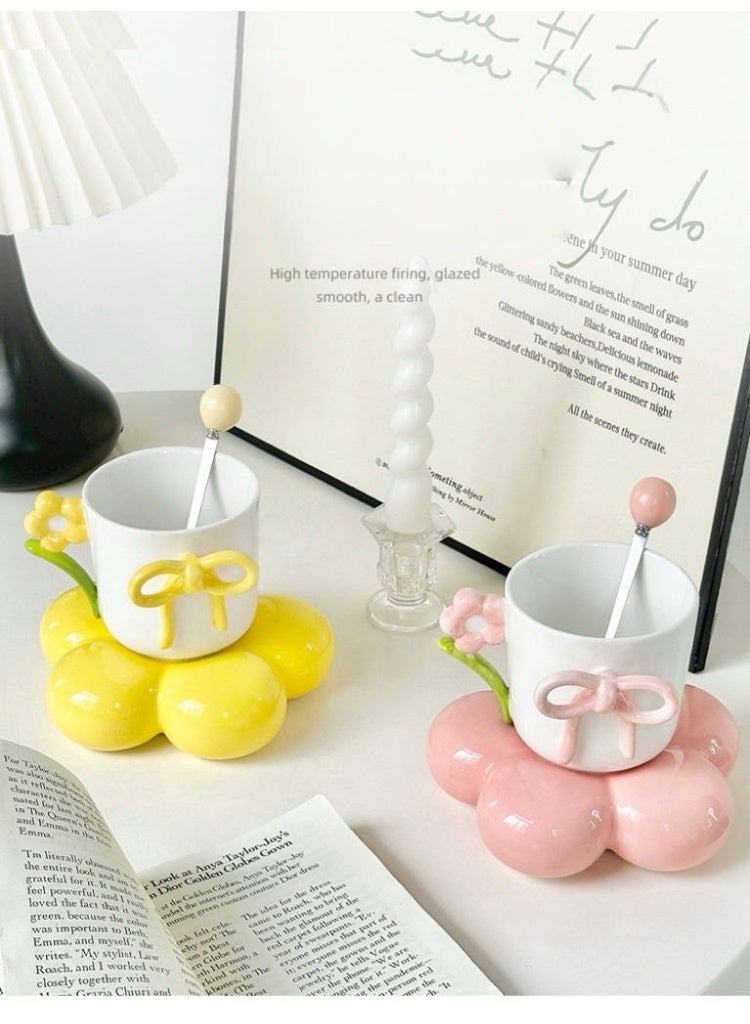Chubby Ceramic Cup & Saucer - Cute Bow Mug for Coffee, Milk, or Gift - Image 2