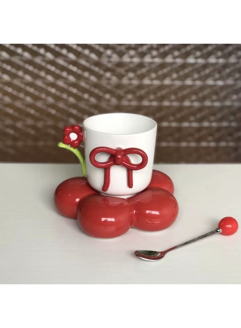 Chubby Ceramic Cup & Saucer - Cute Bow Mug for Coffee, Milk, or Gift - Image 3