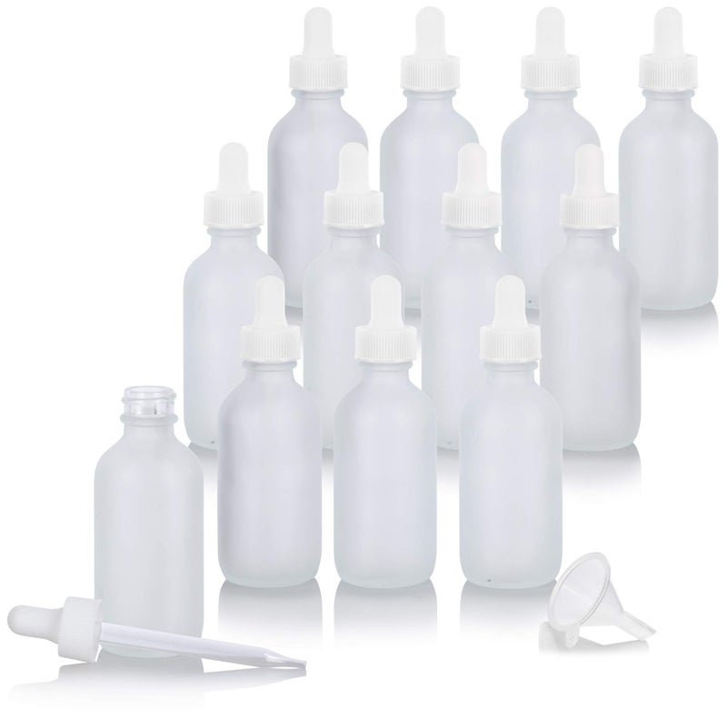 JUVITUS 2 oz Frosted Clear Glass Boston Round White Dropper Bottle 12 pack Funnel I Refillable Empty Storage Containers