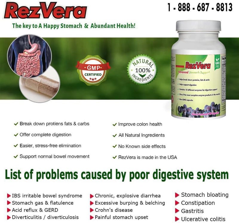 RezVera 1 Best All Natural Digestive Supplement for IBS Irritable Bowel Syndrome Stomach Bloating Gas Diarrhea Heartburn Acid Reflux Constipation Indigestion  RezVera 90 Capsules - Image 2