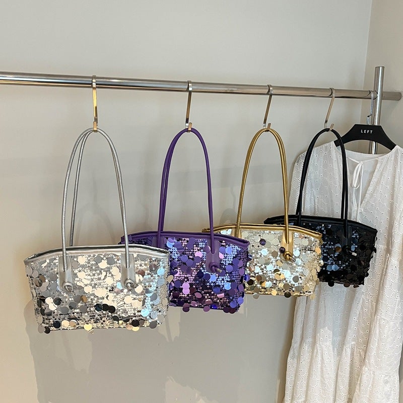 Shiny Sequins Decor Shoulder Tote Bag Dual Top Handles Drawstring Closure Medium Capacity Glitter Handbag For Evening Party Wedding Banquet Club Night Out Sparkly Fashion Daily  Outfits - Image 5