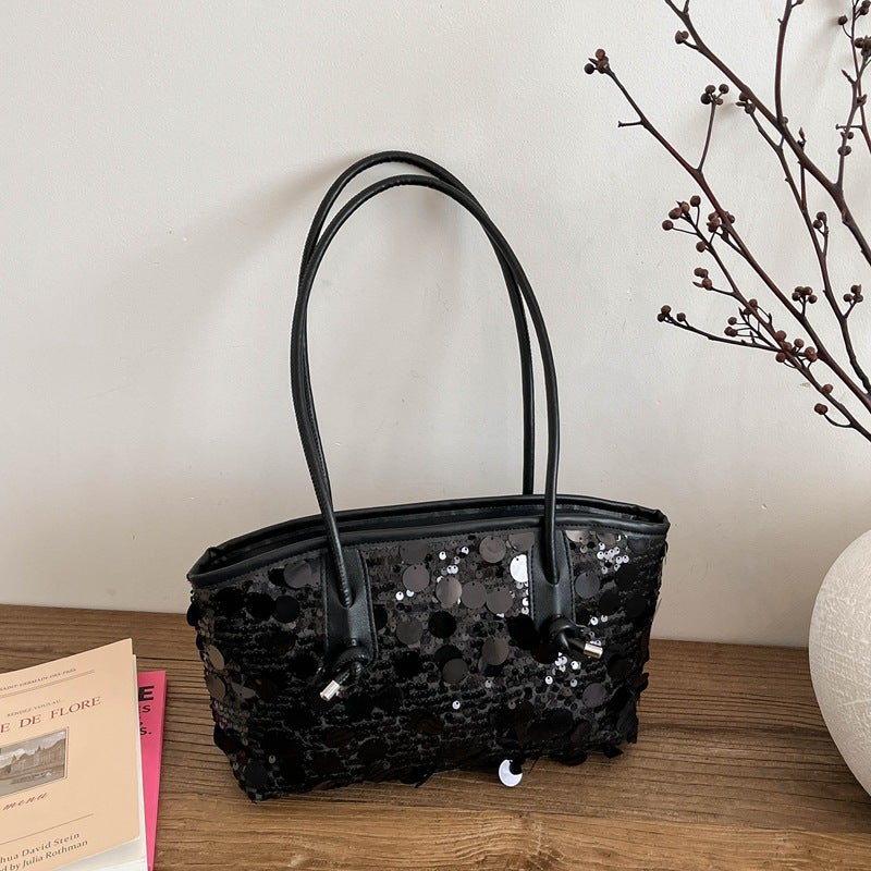Shiny Sequins Decor Shoulder Tote Bag Dual Top Handles Drawstring Closure Medium Capacity Glitter Handbag For Evening Party Wedding Banquet Club Night Out Sparkly Fashion Daily  Outfits - Image 1
