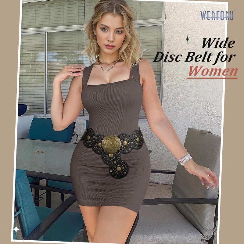 WERFORU Women Wide Western Disc Belt Cowgirl Boho Leather Belt for Jeans Dress - Image 2