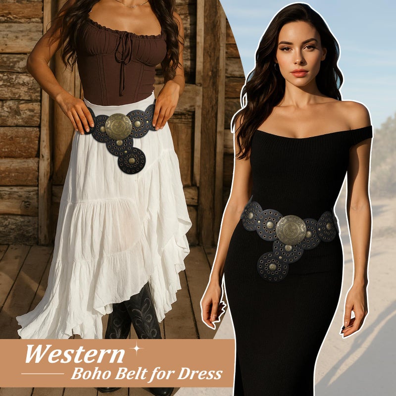 WERFORU Women Wide Western Disc Belt Cowgirl Boho Leather Belt for Jeans Dress - Image 4