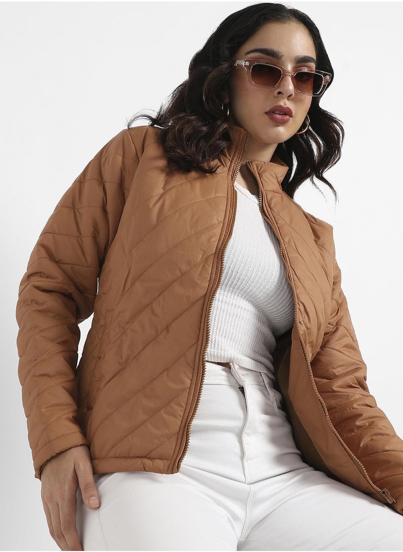 Campus Sutra - Women's Brown Quilted Puffer Jacket With Zip Closure - Image 1