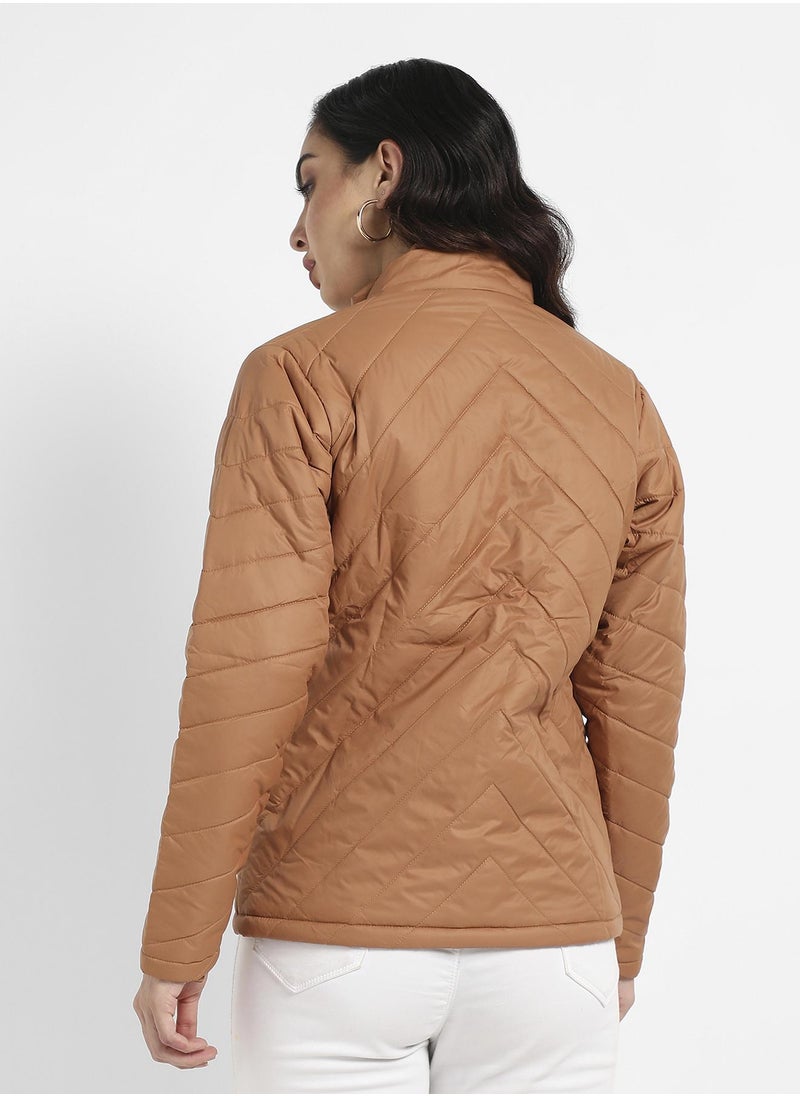 Campus Sutra - Women's Brown Quilted Puffer Jacket With Zip Closure - Image 1