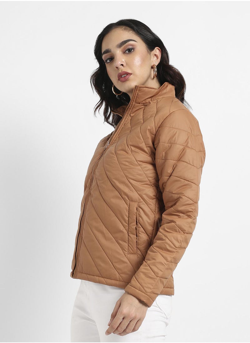 Campus Sutra - Women's Brown Quilted Puffer Jacket With Zip Closure - Image 1