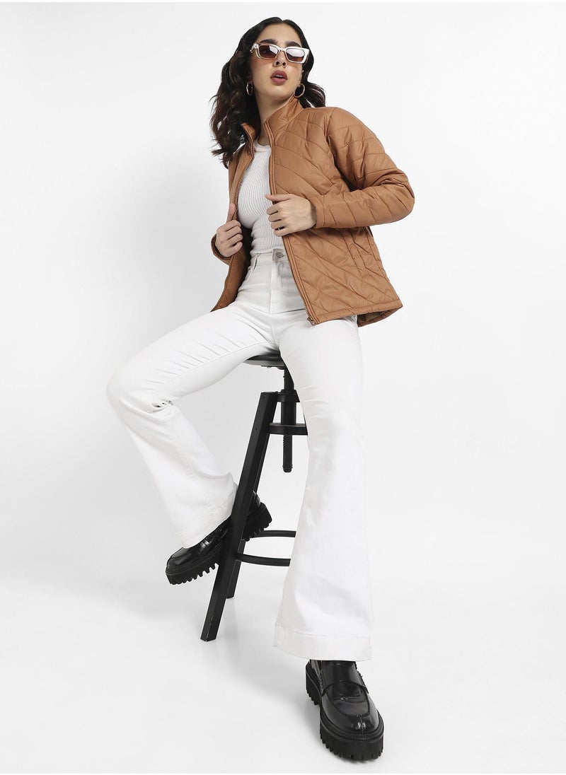 Campus Sutra - Women's Brown Quilted Puffer Jacket With Zip Closure - Image 1