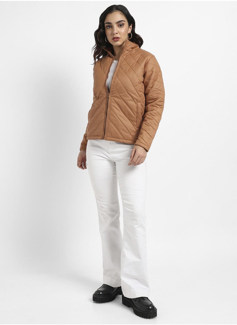 Campus Sutra - Women's Brown Quilted Puffer Jacket With Zip Closure - Image 1